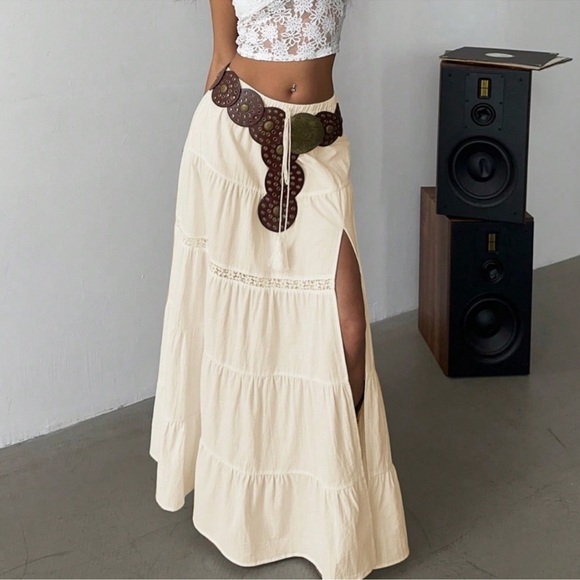 Boho Stretchy Waist Lace Insert Split Thigh Maxi Skirt XS S M L XL - Picture 1 of 5